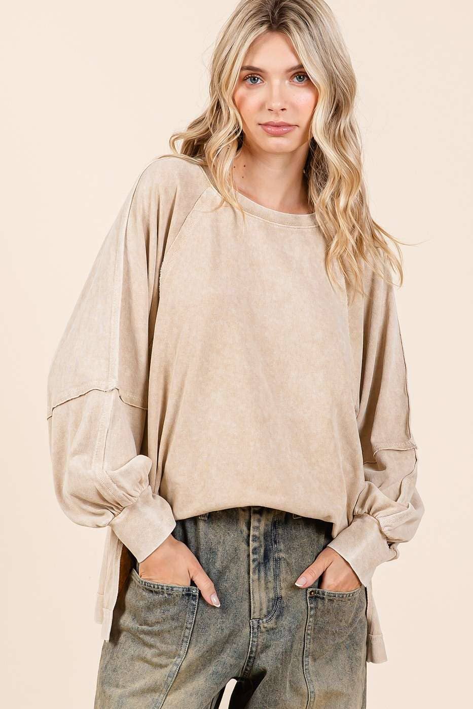 Mineral Wash Raglan Long Sleeve Oversized Top S15303