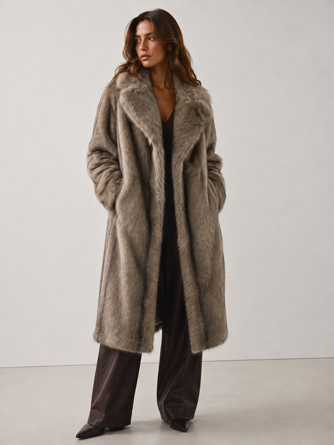 Sag Harbor Oversized Faux Fur Longline Coat Long Fur Coat: Camel / S/M