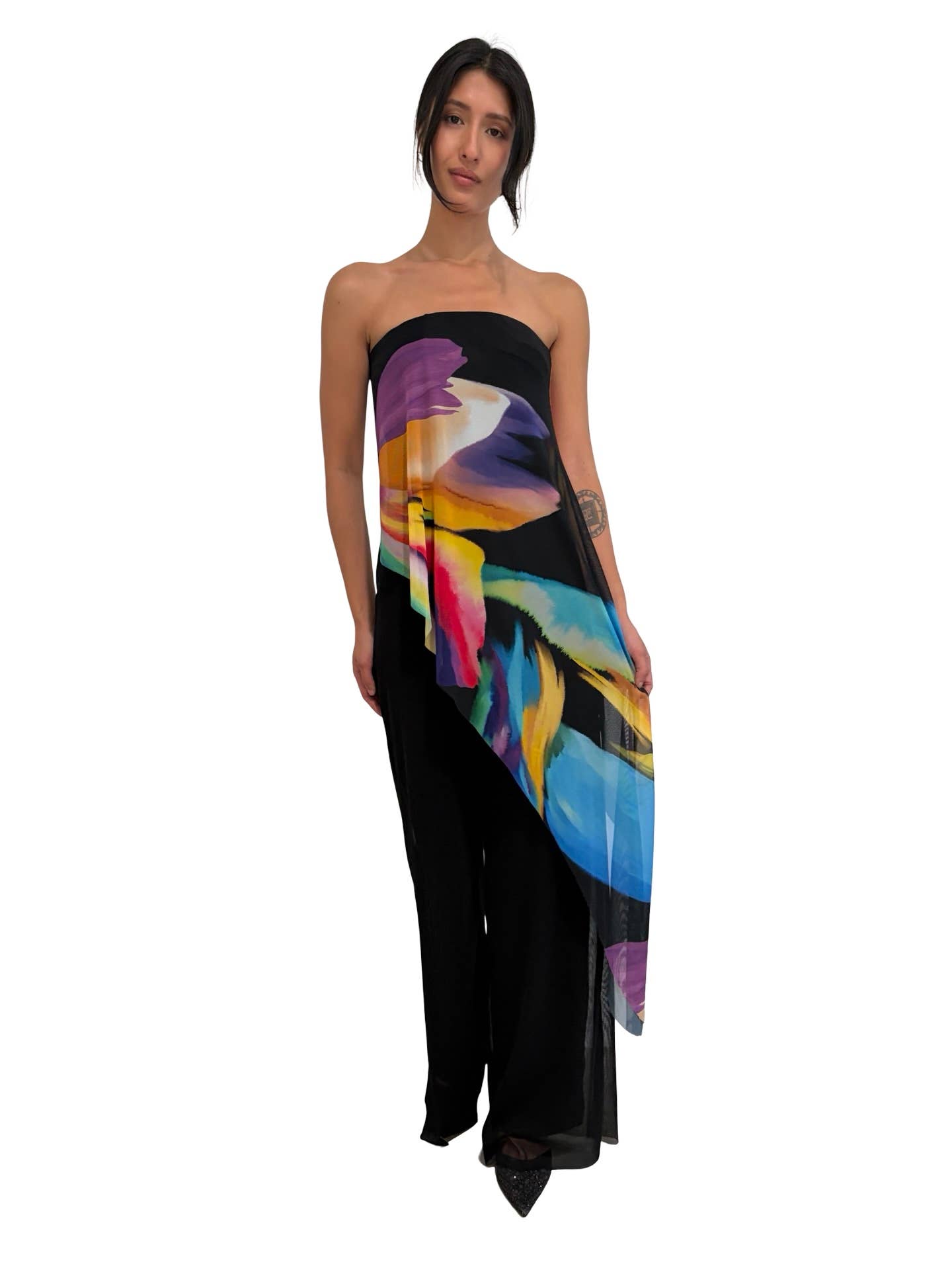 GLORY Solid Black Strapless Jumpsuit With Printed Overlay: M