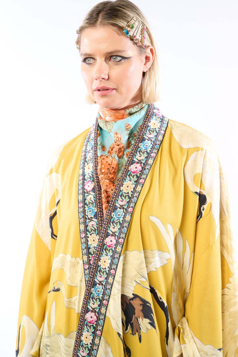 Story of the Crane Kimono - Mustard | Bohemian Coverup Robe: Mustard / One size