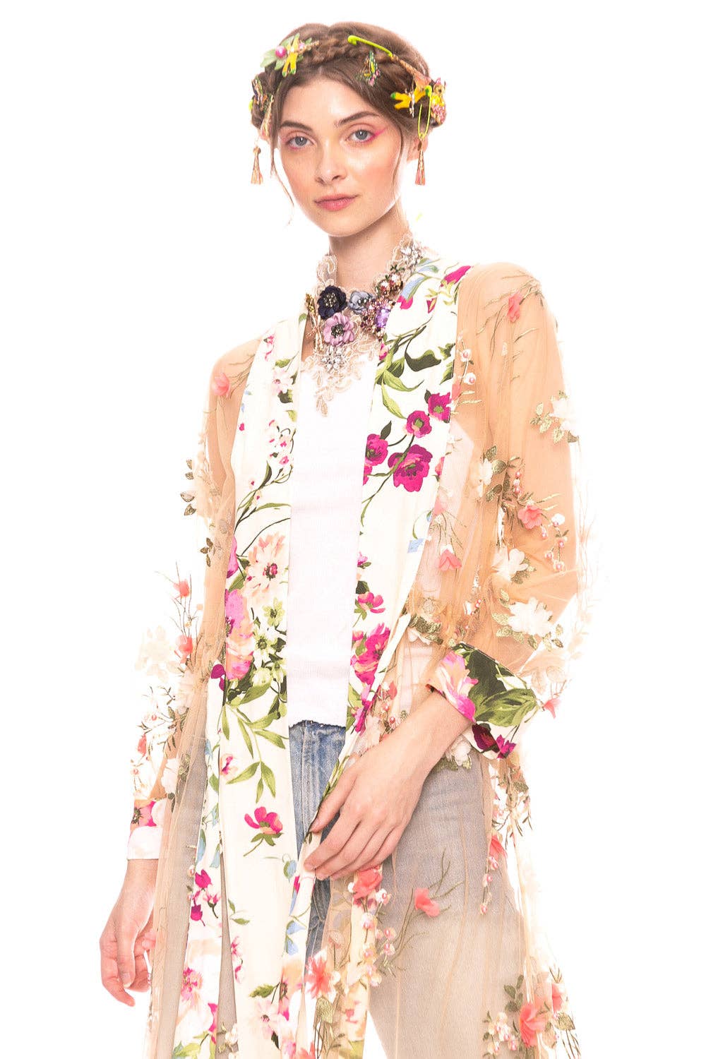Floral Fantasy Kimono | Pink Floral Kimono | Mesh Kimono: Pink Floral Embroidery / L