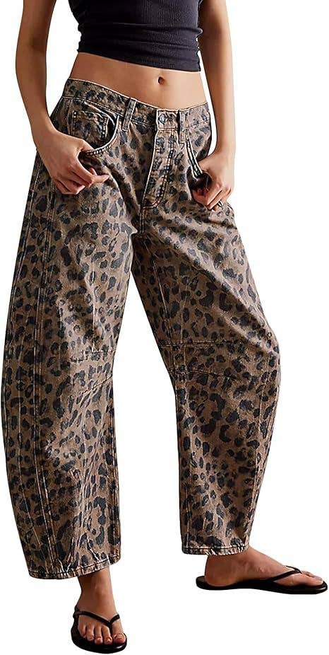 Casual Loose Mid-Rise Straight-Leg Women's Jeans: Brown Leopard / L