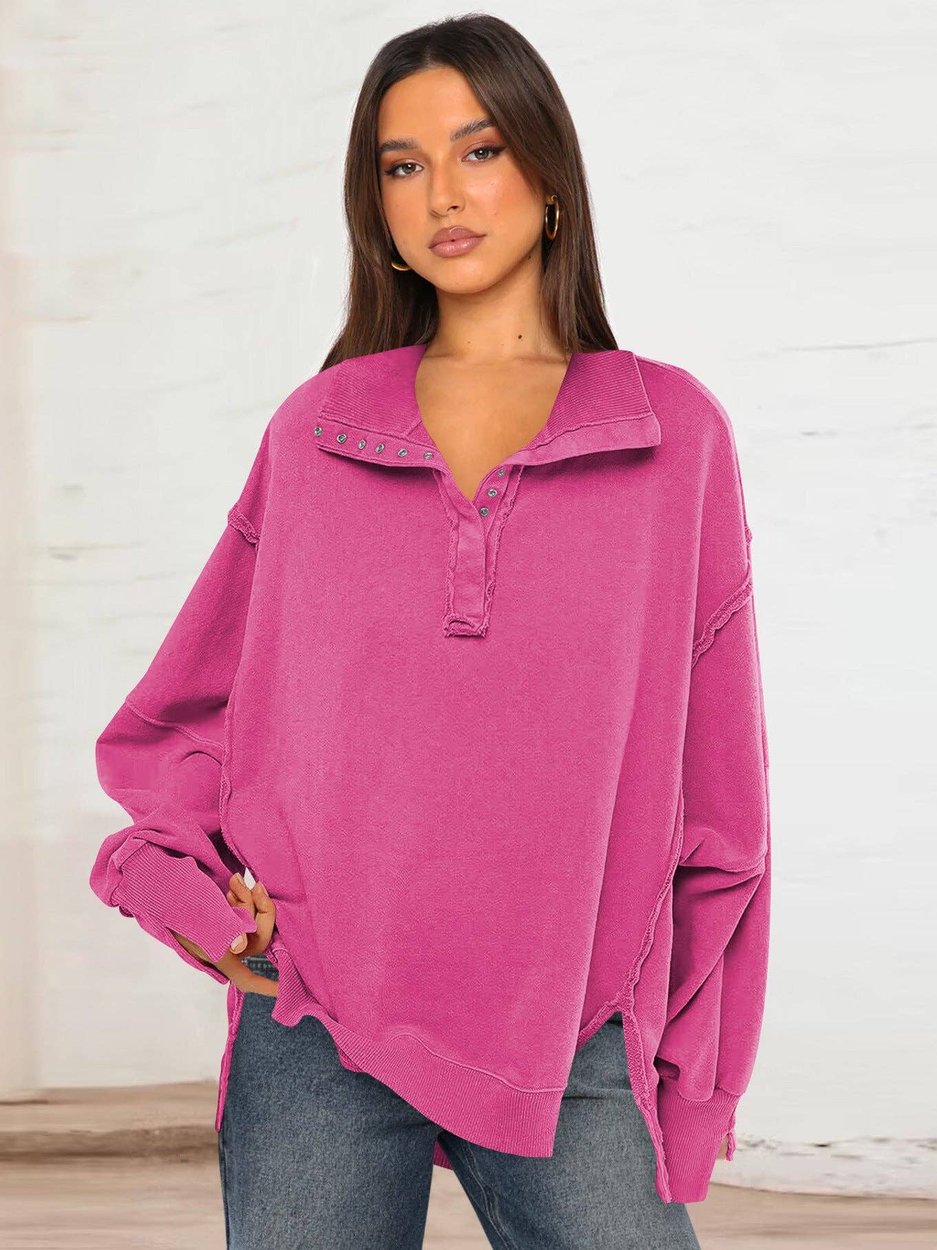 Trendy Casual Polo Neck Sweatshirt with Lantern Sleeves: E24W0340-043 / S