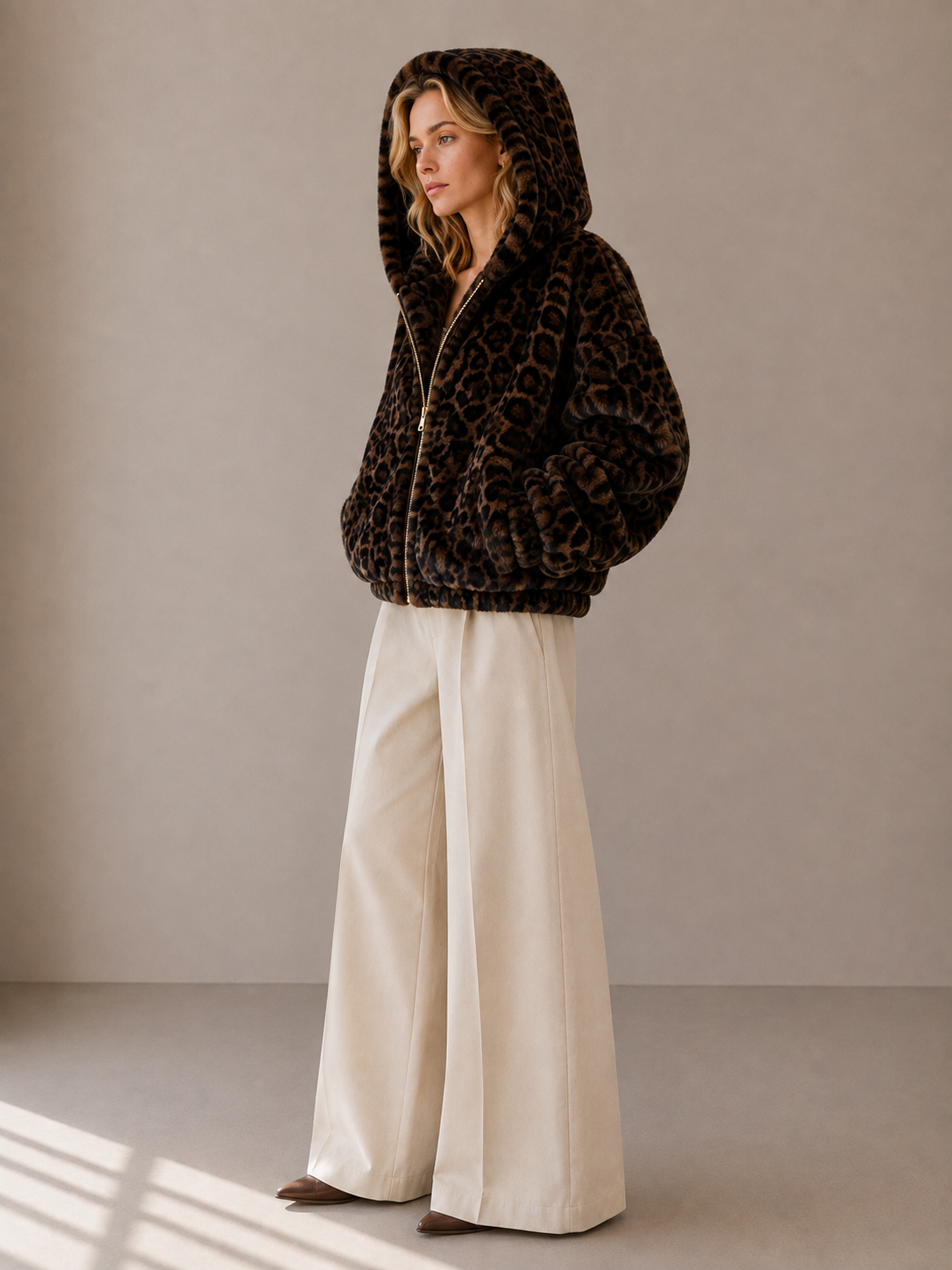 Oyster Bay Jacket — Hooded Faux Fur Zip Jacket: Espresso Leopard / S/M