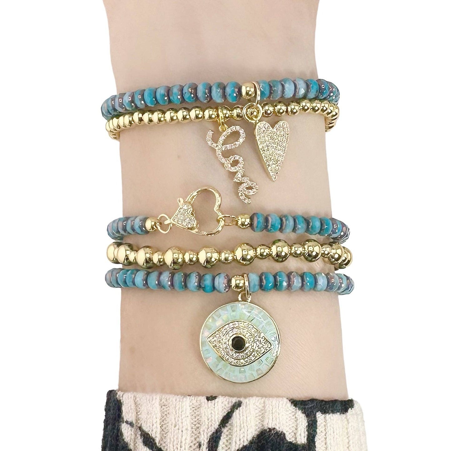 Harper Czech Crystal Mosaic Evil Eye Charm Bracelet: Frosted Aura