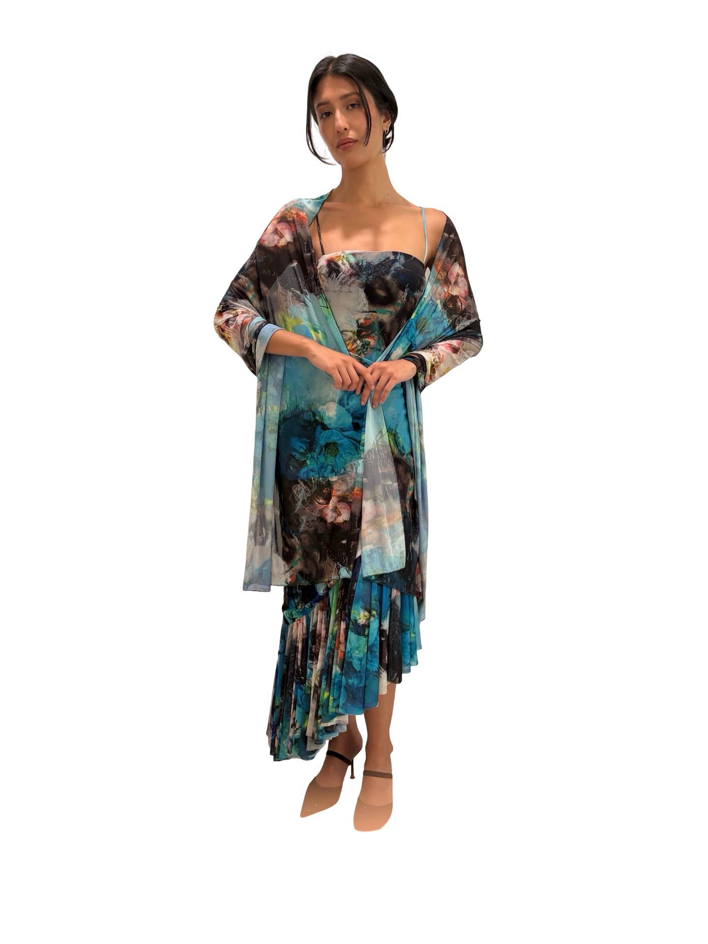 TIANNA Side Ruched Slanted Ruffled Hemline Long Dress : S