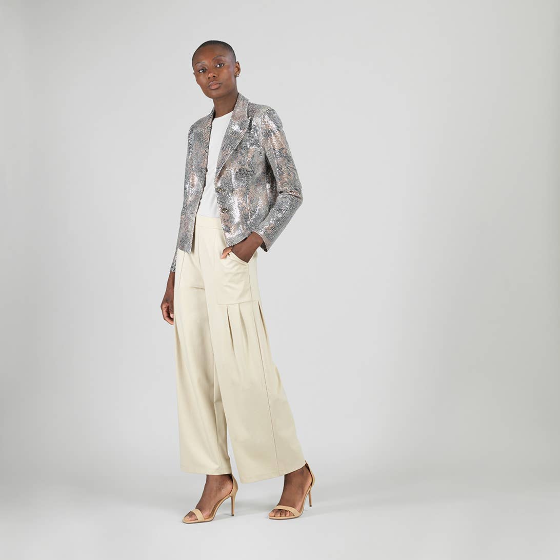 JK525PS - Sequin Knit - Modern Button Blazer - Champagne: Champagne / S