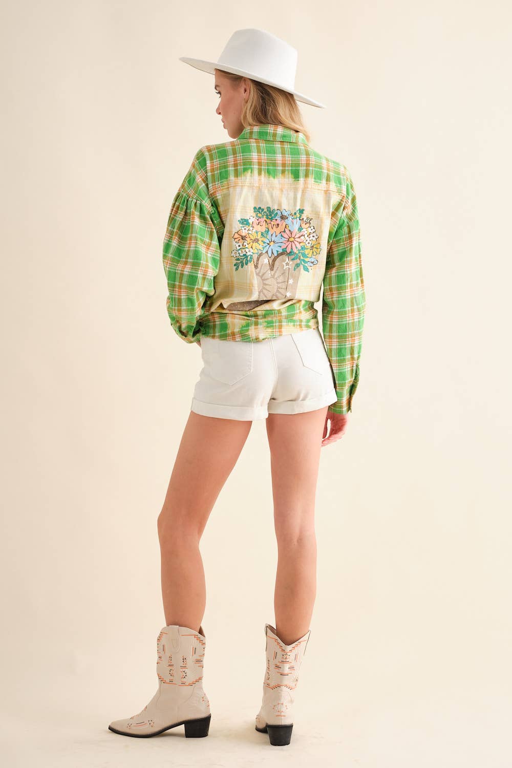 32481T - Cowboy Boots Graphic Back Plaid Oversized Shirt: GREEN / LARGE