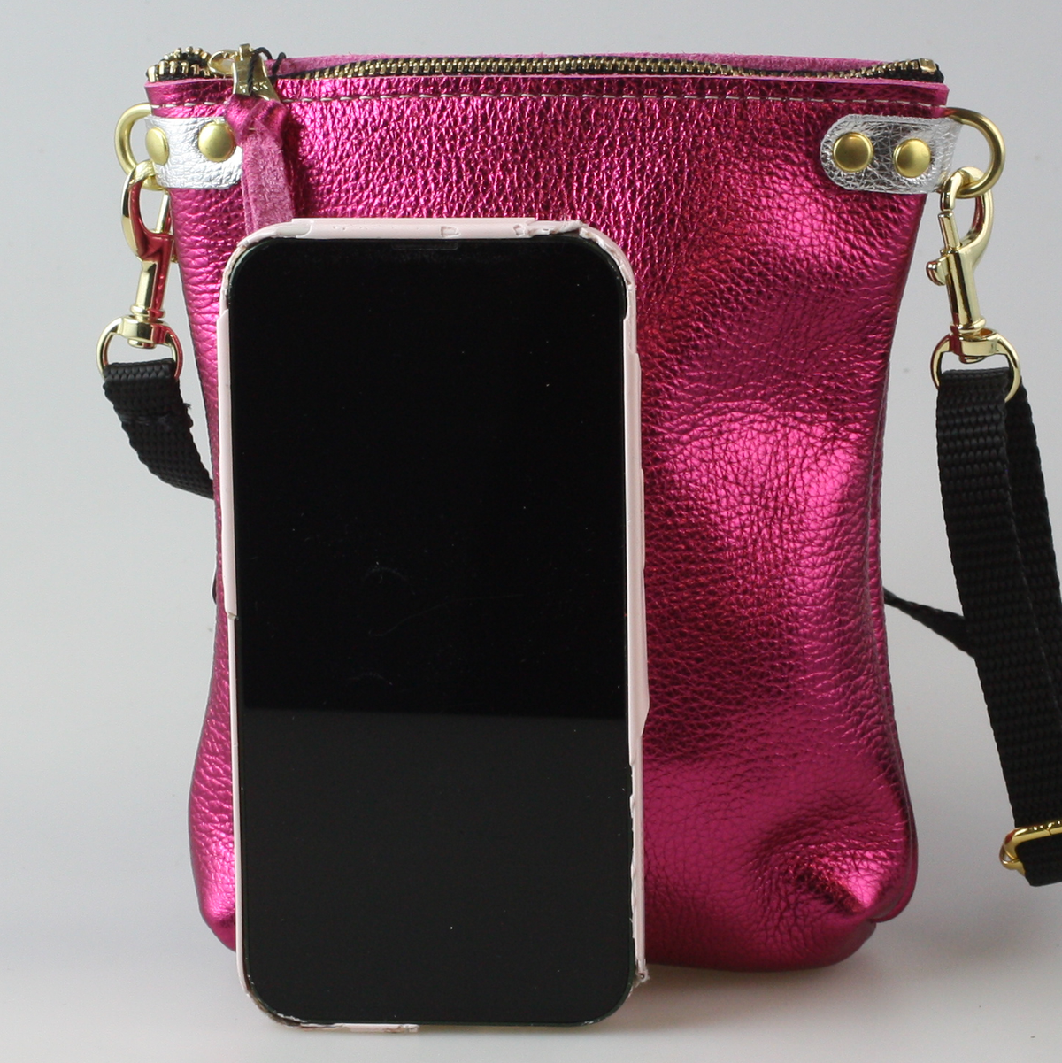 The Lisa Cellphone Crossbody Pouch : Gunmetal / Matching Metallic Leather Crossbody Strap