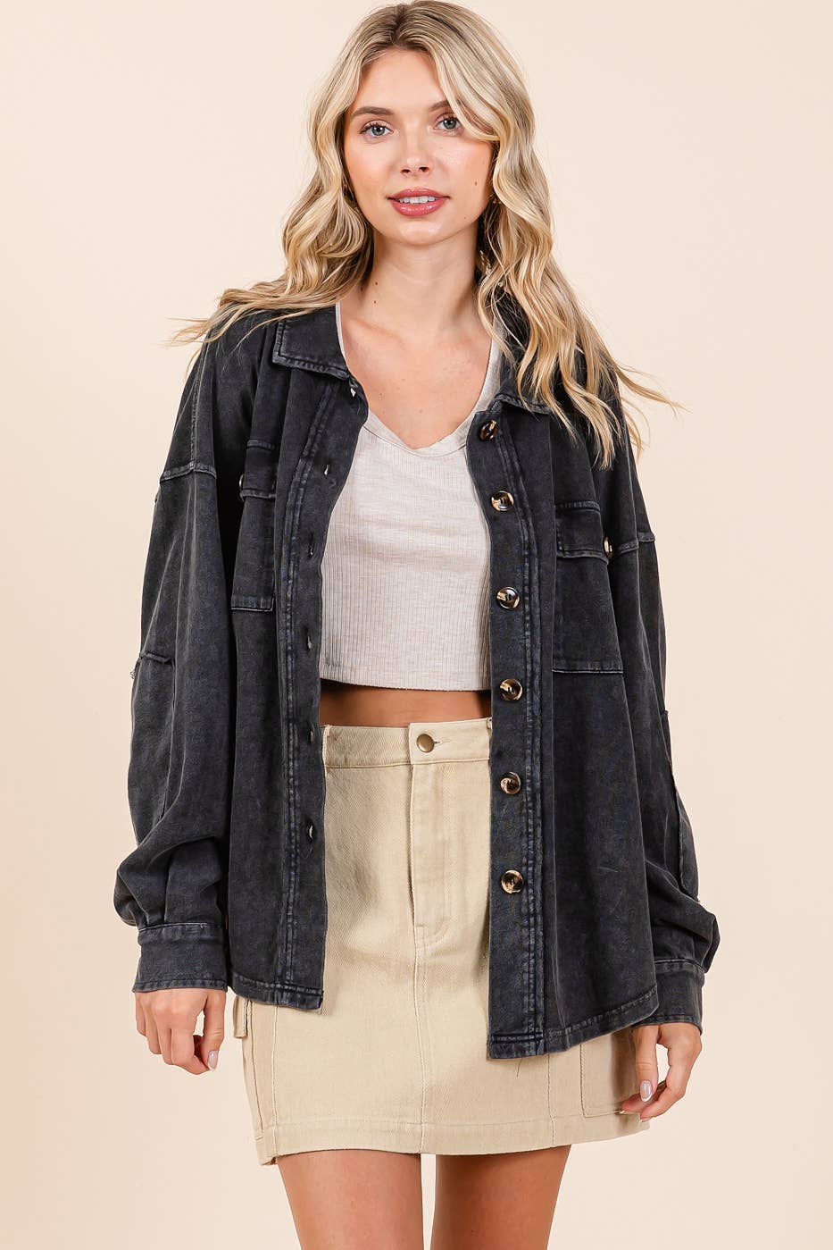 Mineral Wash French Terry Elbow Patch Shacket S15259