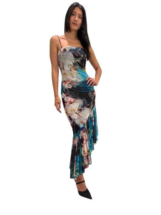 TIANNA Side Ruched Slanted Ruffled Hemline Long Dress : S