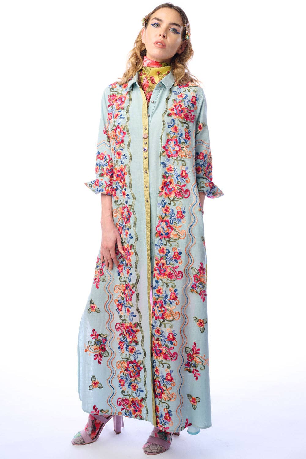 Beauty Mark Maxi Duster-Blue | Duster Dress | Spring Dress: Slate Blue / M