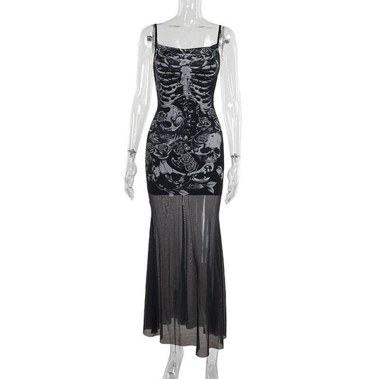Skeleton Rose Bodycon Dress with Scoop Neck: Black / M