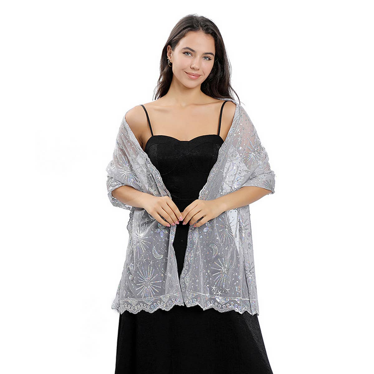 STARS AND MOON EMBROIDERED SHAWL_CWASC1079: BLACK3 / (OS) 1