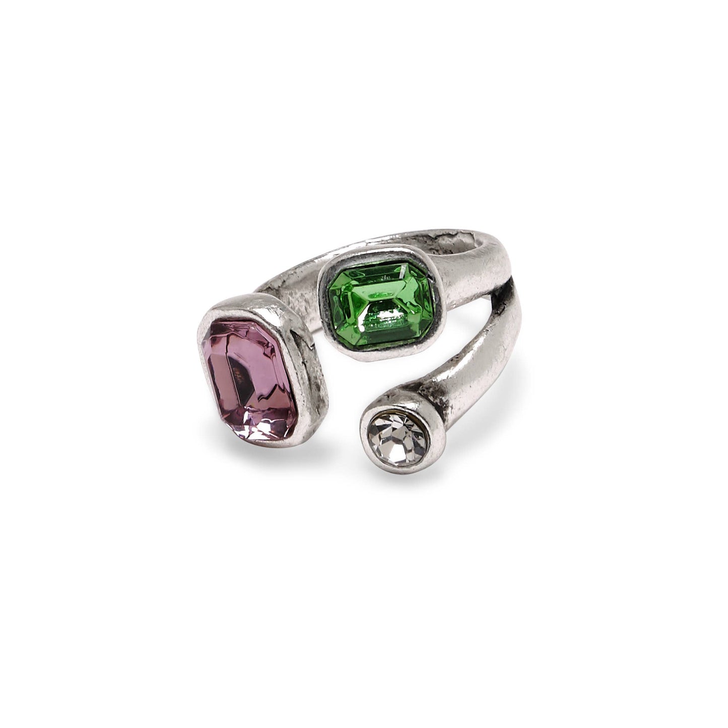 Handmade  Green Pink Crystal Brass Ring - 6986