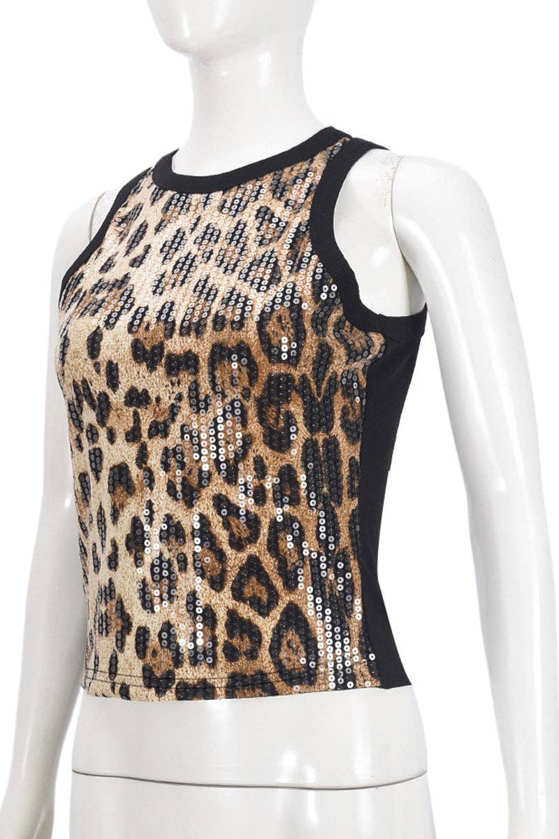 Leopard Print Sequin Tank Top: BEIGE / XL