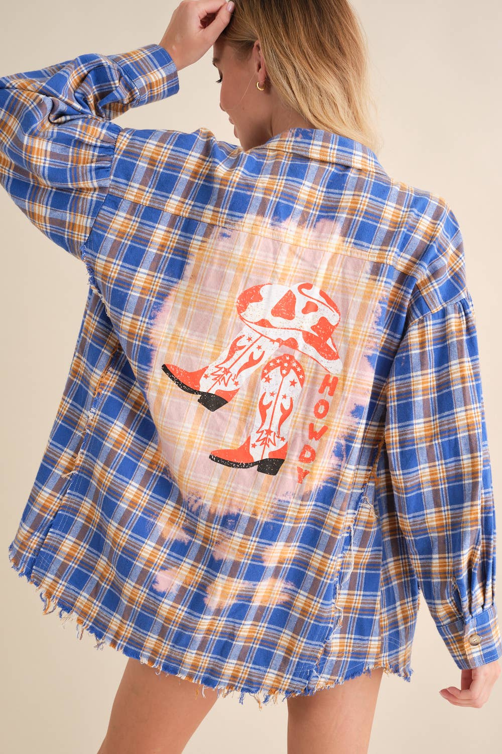 32481T - Cowboy Boots Graphic Back Plaid Oversized Shirt: GREEN / LARGE