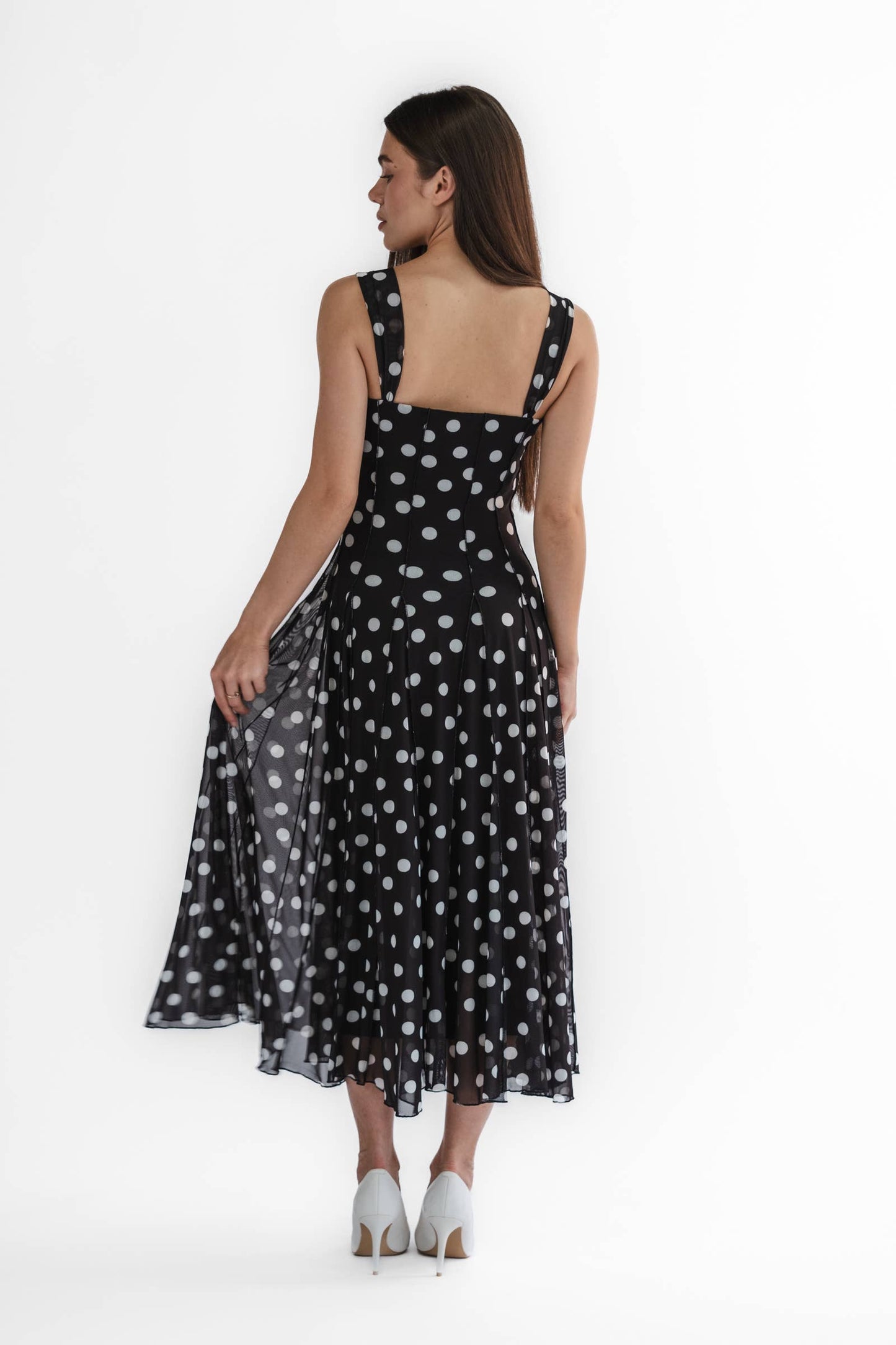 TARA Sleeveless Tea Length Mesh Fit N Flare Paneled Dress  - Elana Kattan