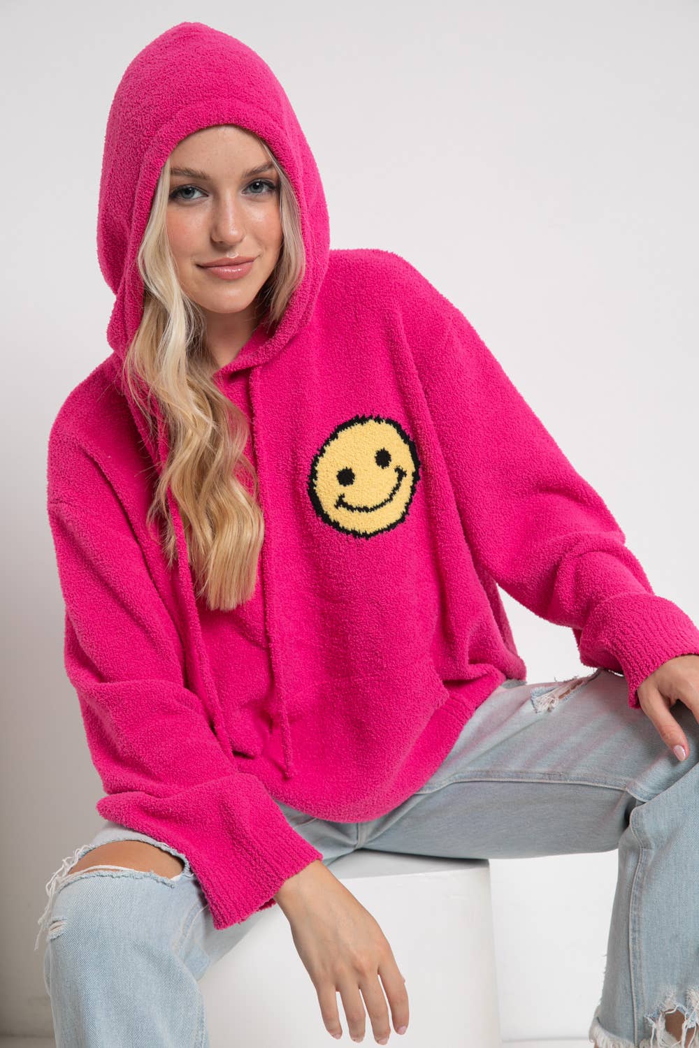 17376W - Fuzzy Cozy Hooded Smiley Sweater: DUSTY BLUE / M/L