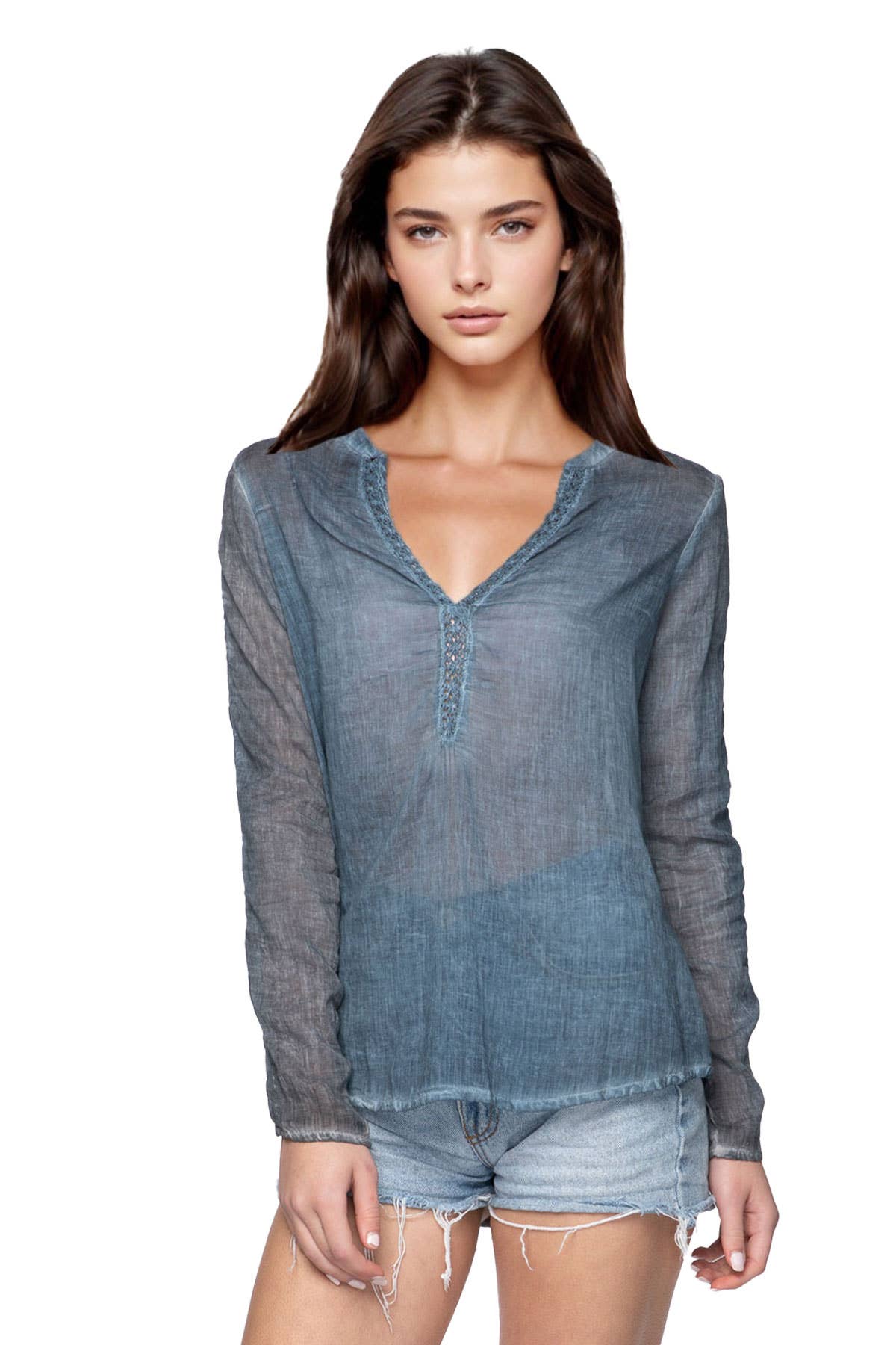 Open Collar Lace Cotton Shirt - Pigment Dye: Dark Denim / 100% Cotton / S/M