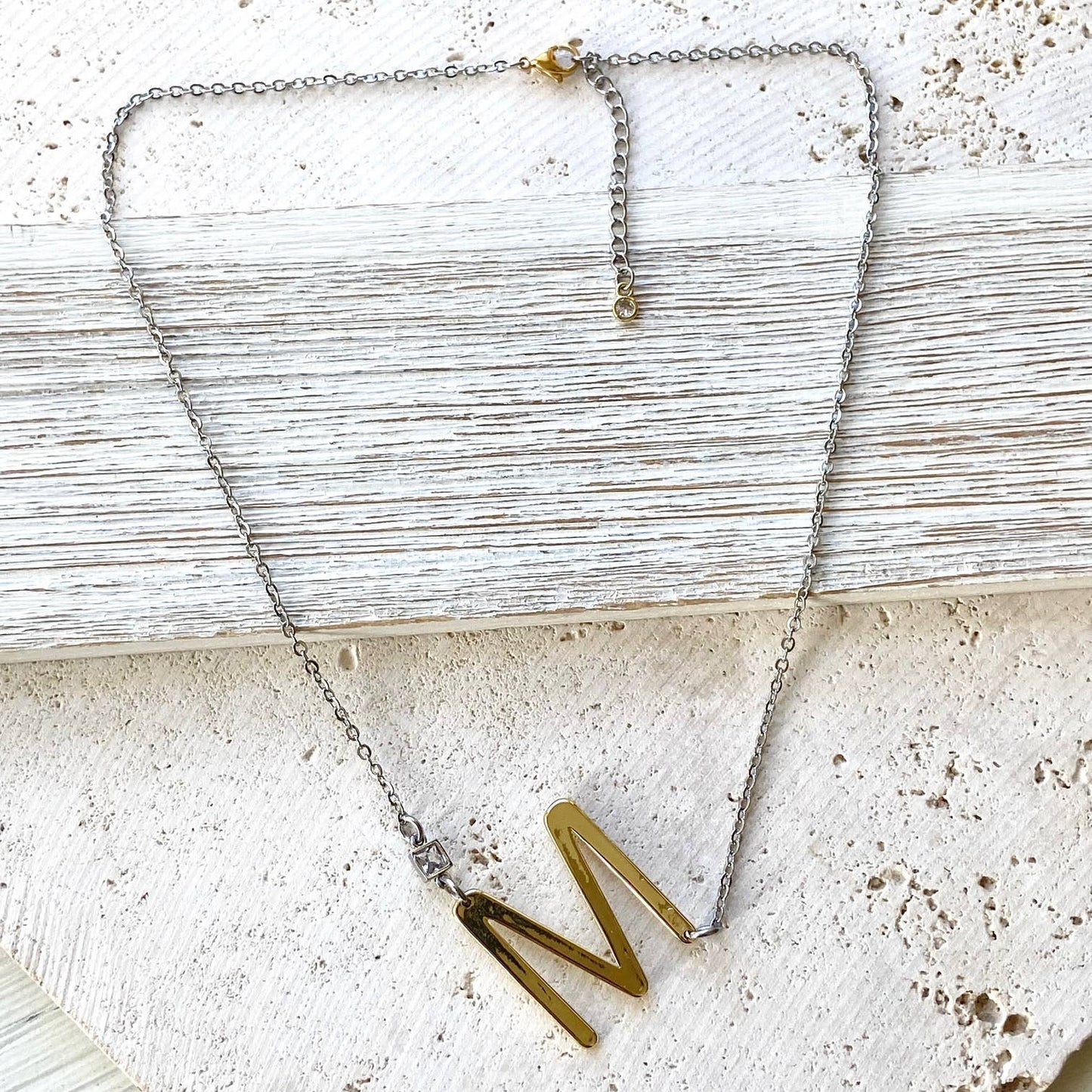 Simple initial mixed metal necklace non tarnish jewelry: Mixed Metal w/Crystal / H