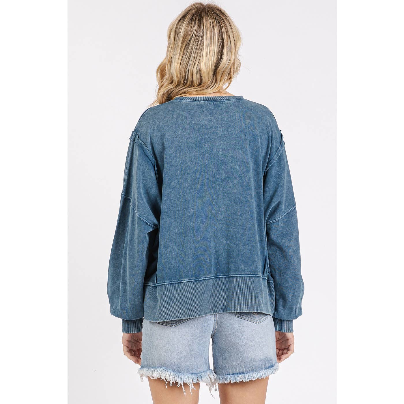 Mineral Wash Step Hem Crew Neck Long Sleeve Top S15459