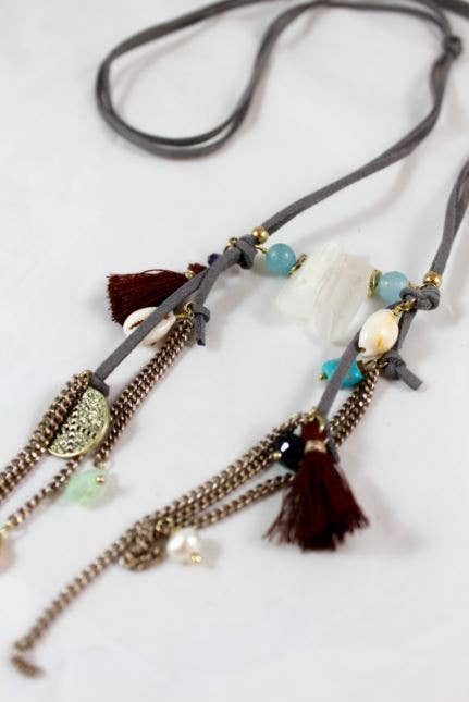 Quartz Chunk and Tassels on Leather Long Necklace -The Classics Collection- N2-838