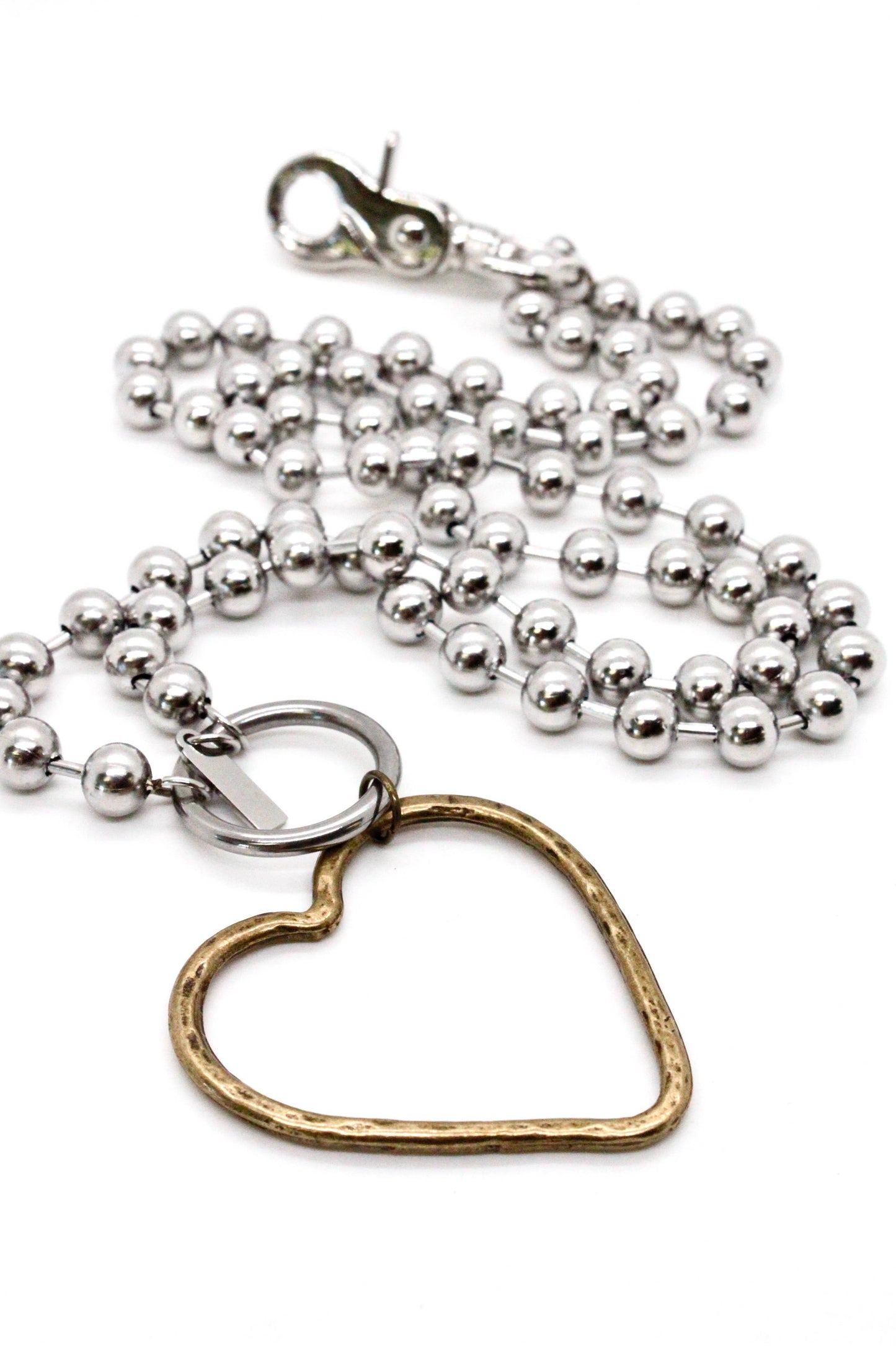 Brass Heart Outline Convertible Silver Chain Necklace: Single 8mm