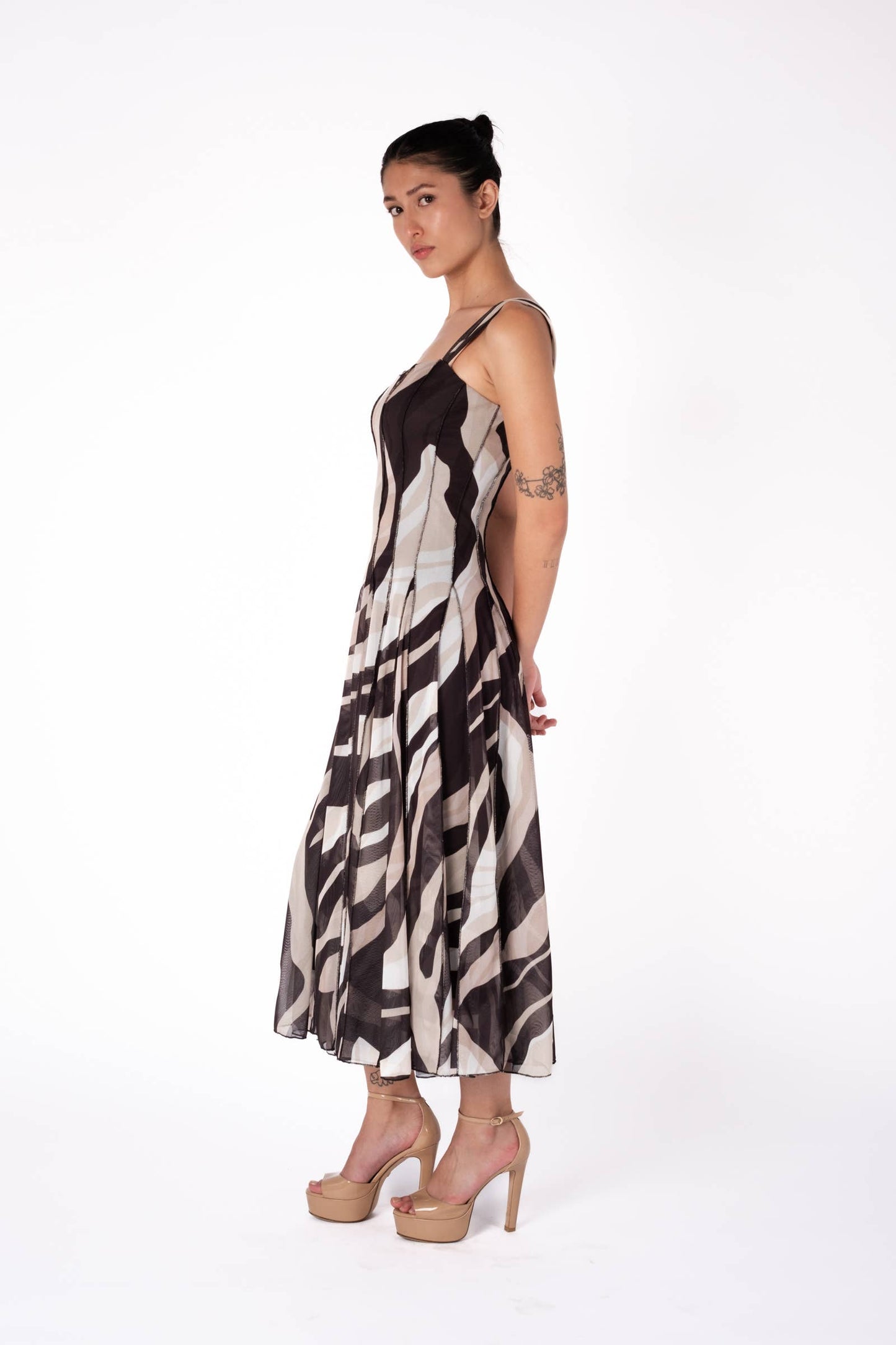LISA Sleeveless Tea Length Fit N Flare Paneled Dress - Elana Kattan