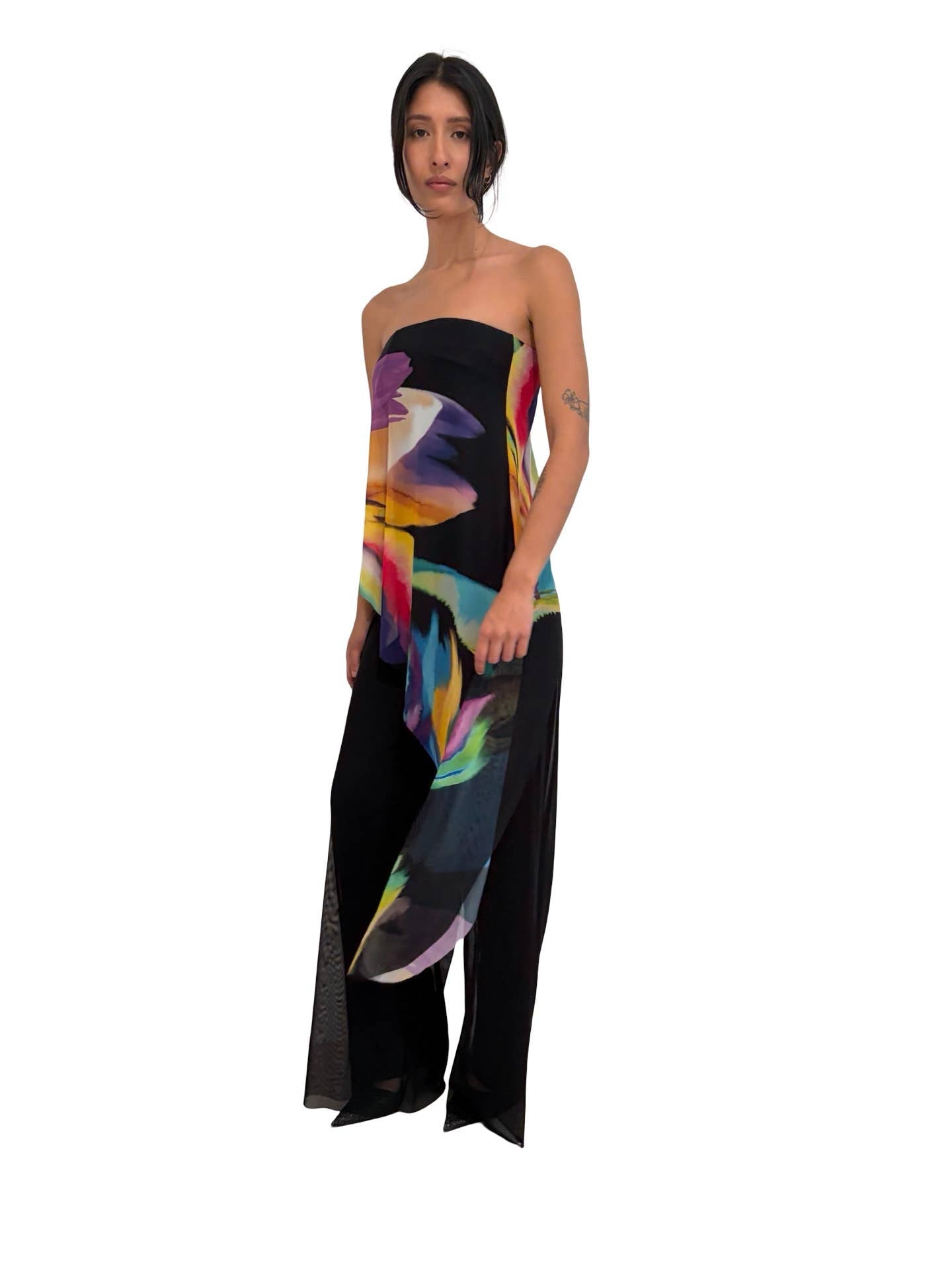 GLORY Solid Black Strapless Jumpsuit With Printed Overlay: M