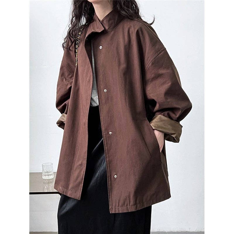 Solid Color Loose Fit Stand Collar Trench Coat: Coffee Color / M