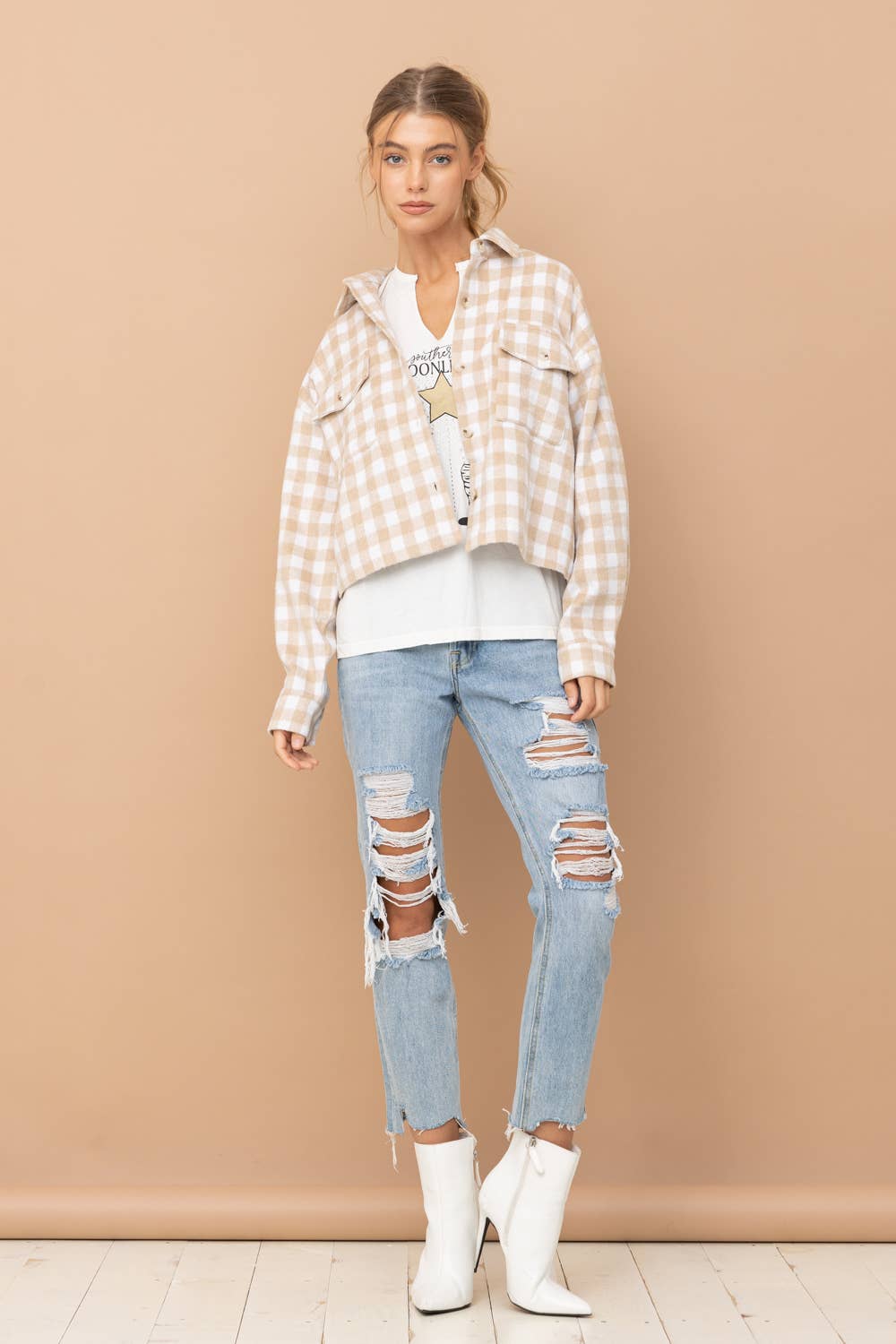 31857J - Yarn Dyed Brushed Crop Pocket Front Shirt Jacket: ROSE / M