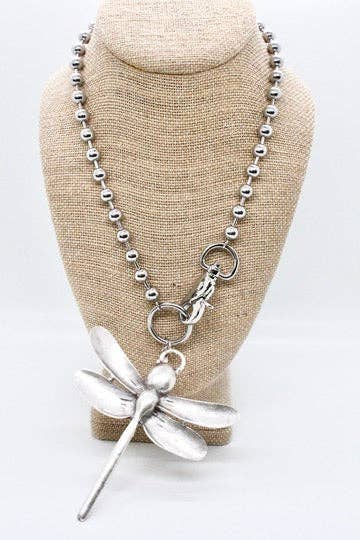 Large Dragonfly Pendant Convertible Silver Chain Necklace: Double 8mm