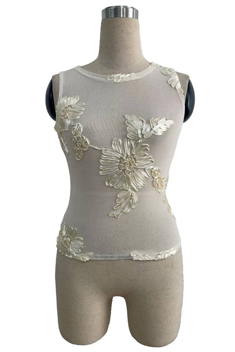 Floral Embellished Sheer Tank Top: BEIGE / L