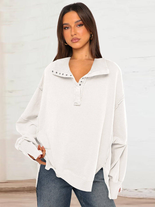 Trendy Casual Polo Neck Sweatshirt with Lantern Sleeves: E24W0340-012 / S