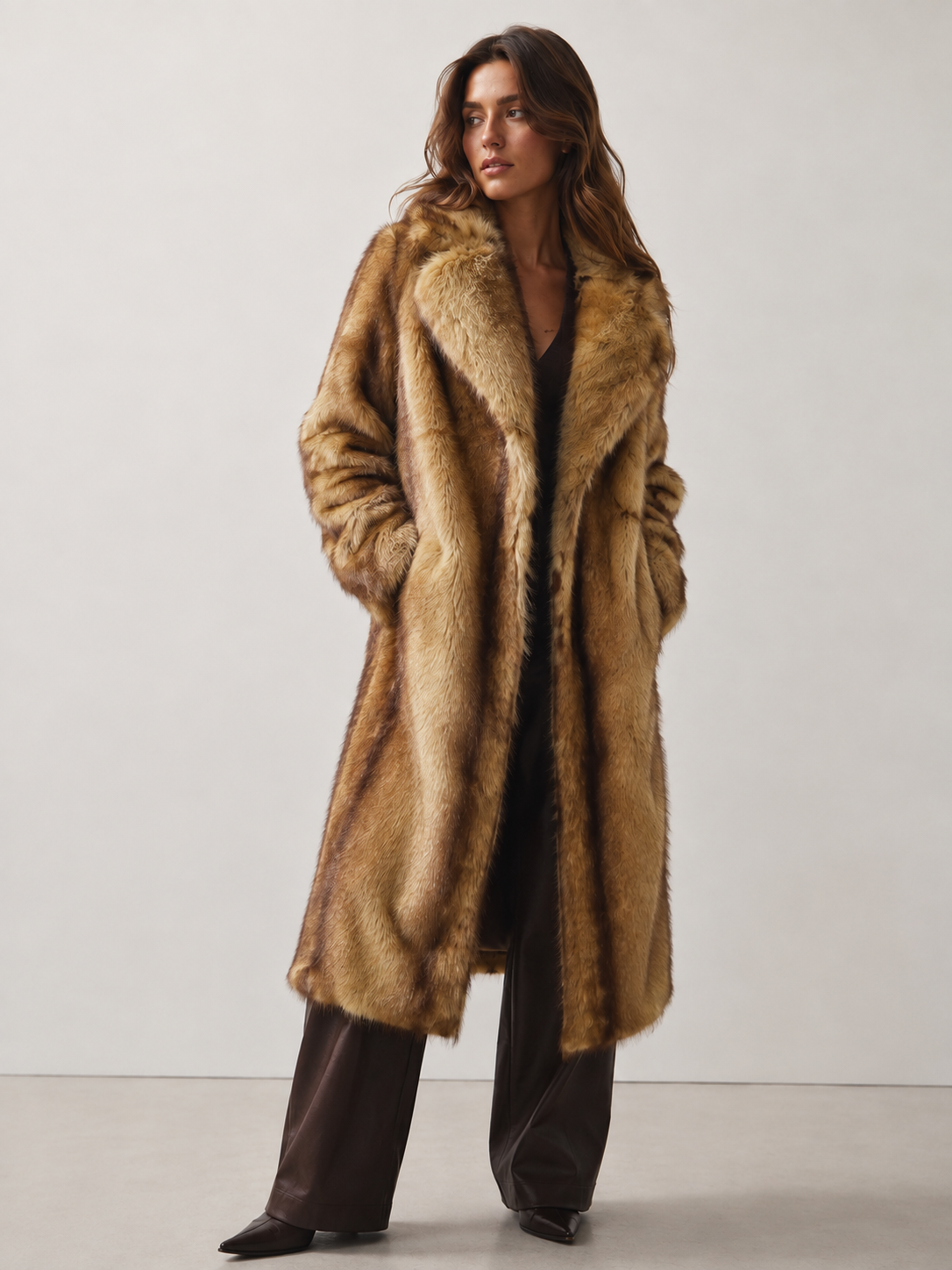 Sag Harbor Oversized Faux Fur Longline Coat Long Fur Coat: Camel / S/M
