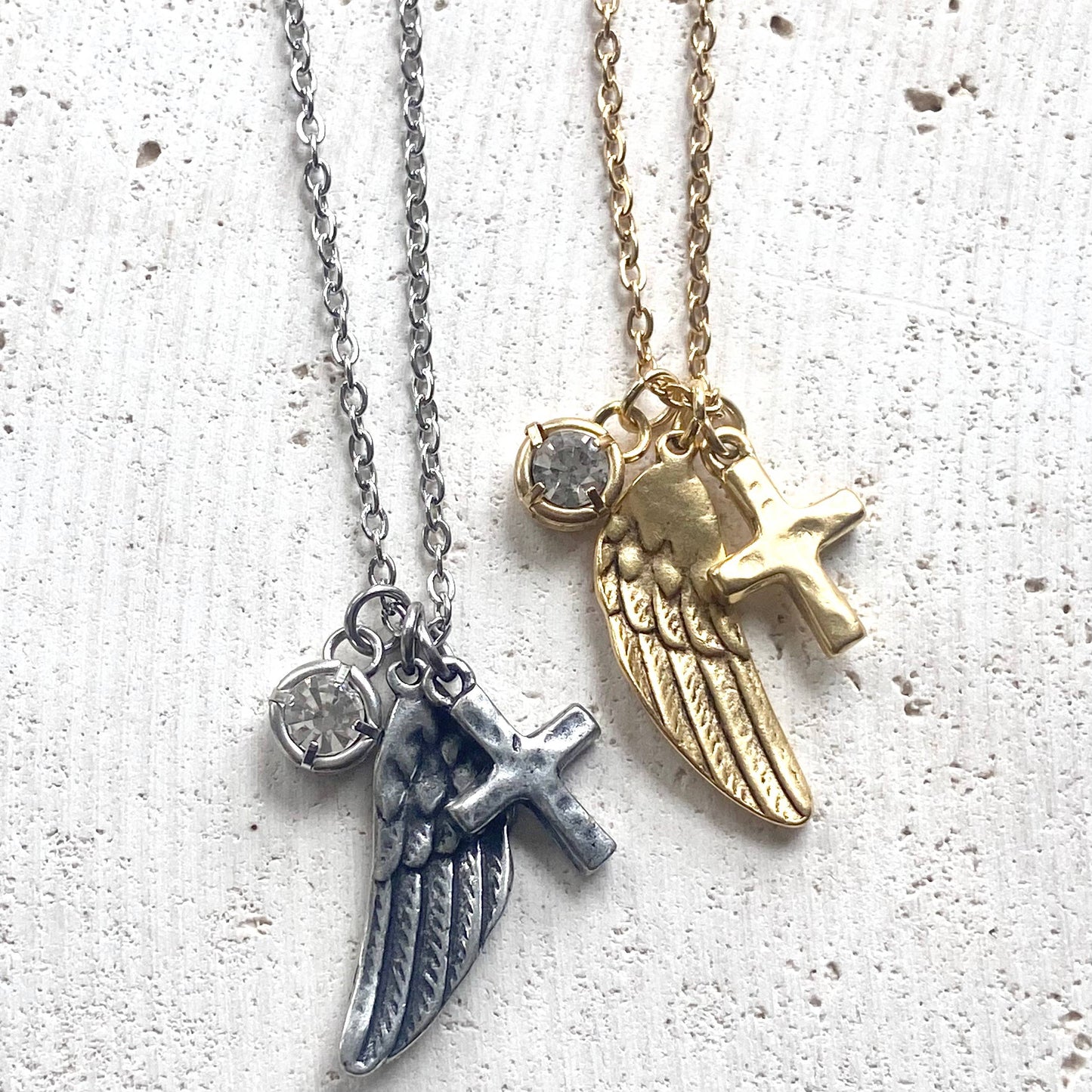 Angel wing cross crystal cluster necklace handmade jewelry : Gold