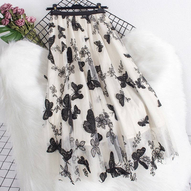 Solid Color Embroidered Mesh A-Line Skirt: BLACK-GRAY / One_size