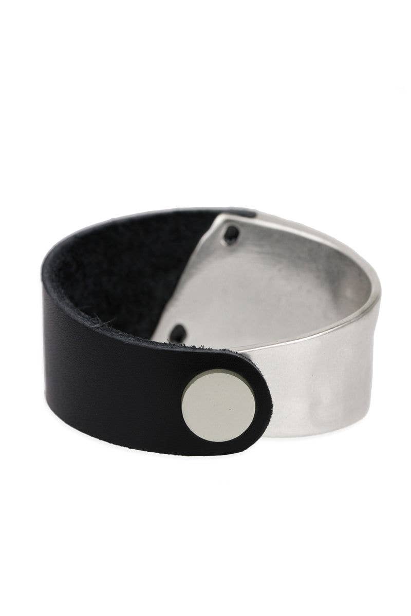 Leather Metal Statement Bracelet: Black gold