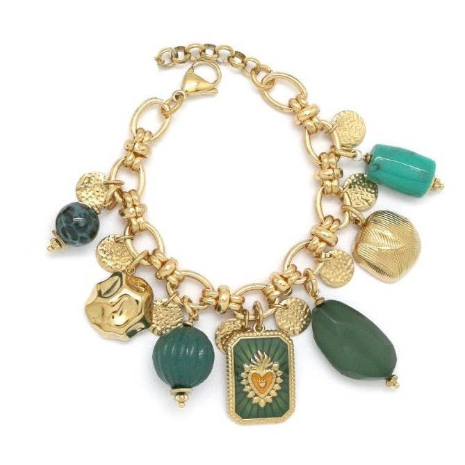 Turquoise Green Heart Charm Bracelet - B4-037