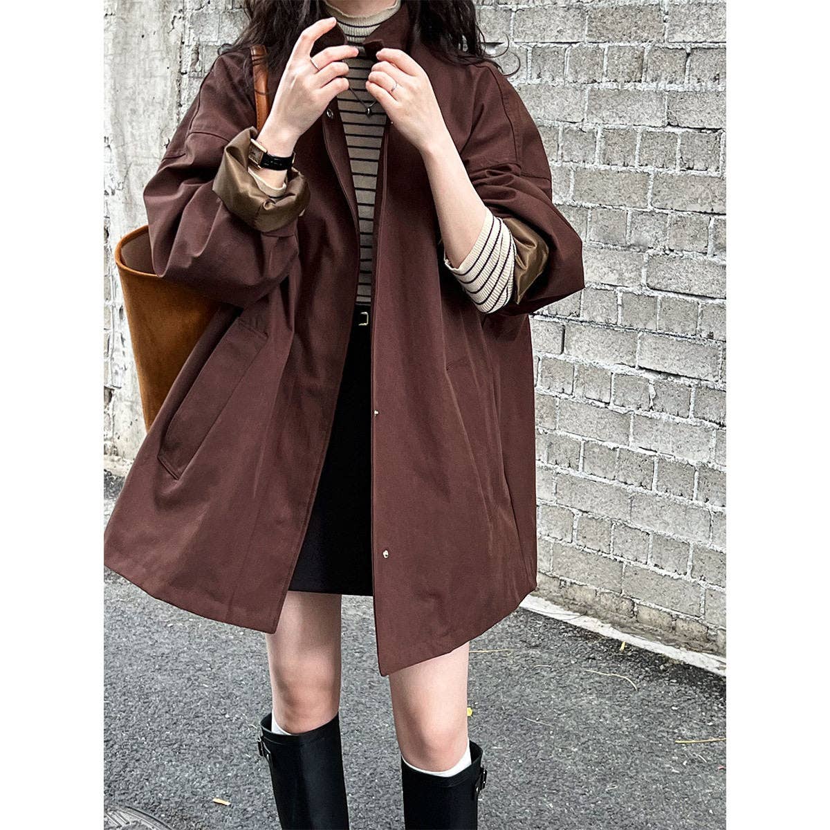 Solid Color Loose Fit Stand Collar Trench Coat: Coffee Color / M