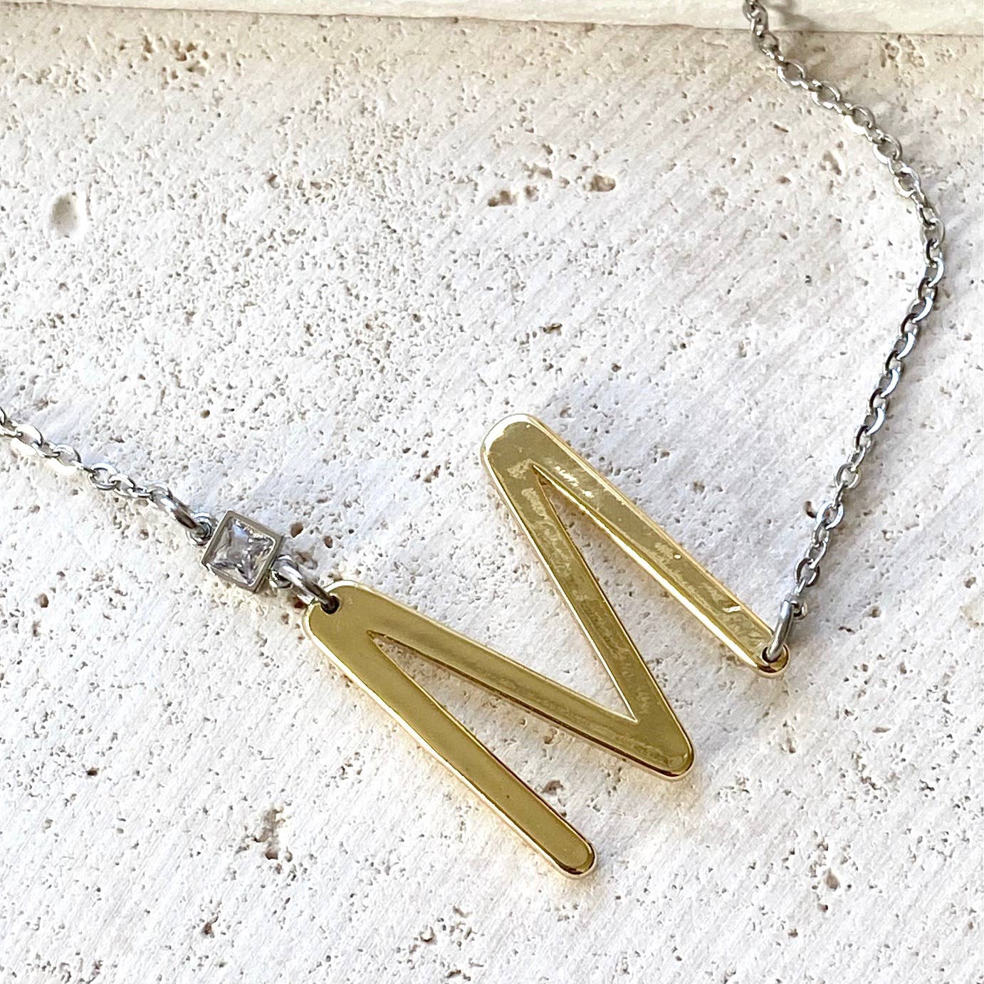 Simple initial mixed metal necklace non tarnish jewelry: Mixed Metal w/Crystal / H