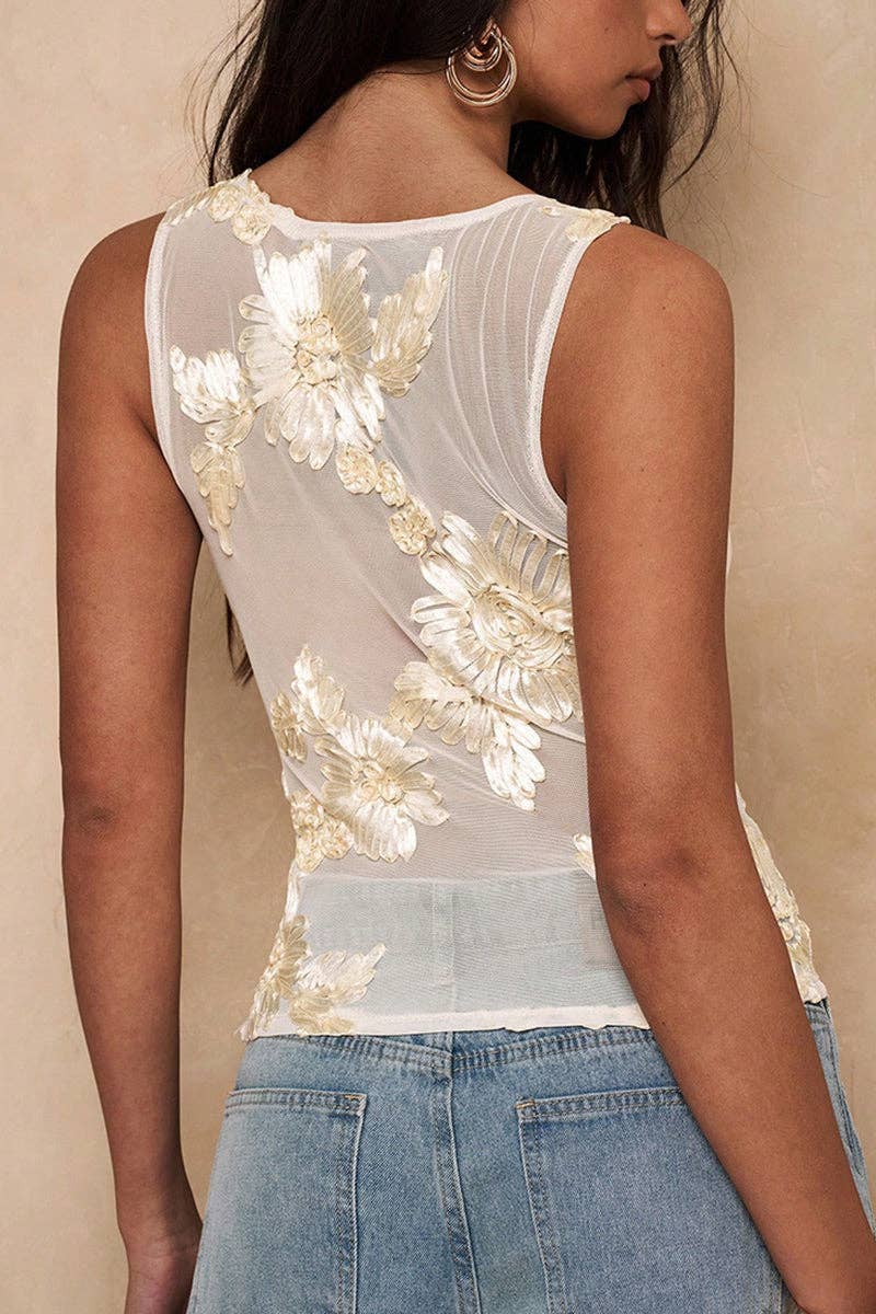 Floral Embellished Sheer Tank Top: BEIGE / XL