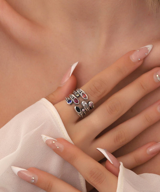 925 Sterling Silver Colorful Stones By Pass Ring