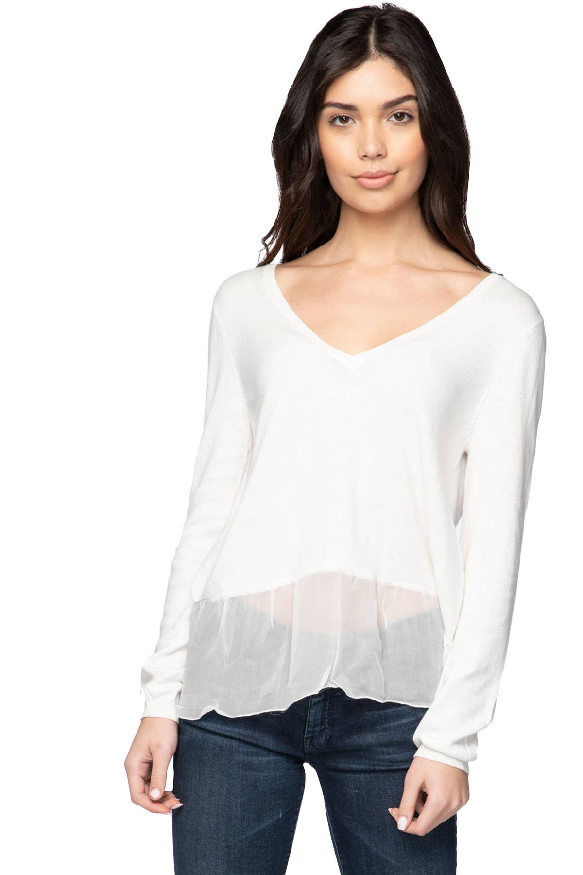 Luxury V-Neck Sweater with Silk Chiffon Elegance