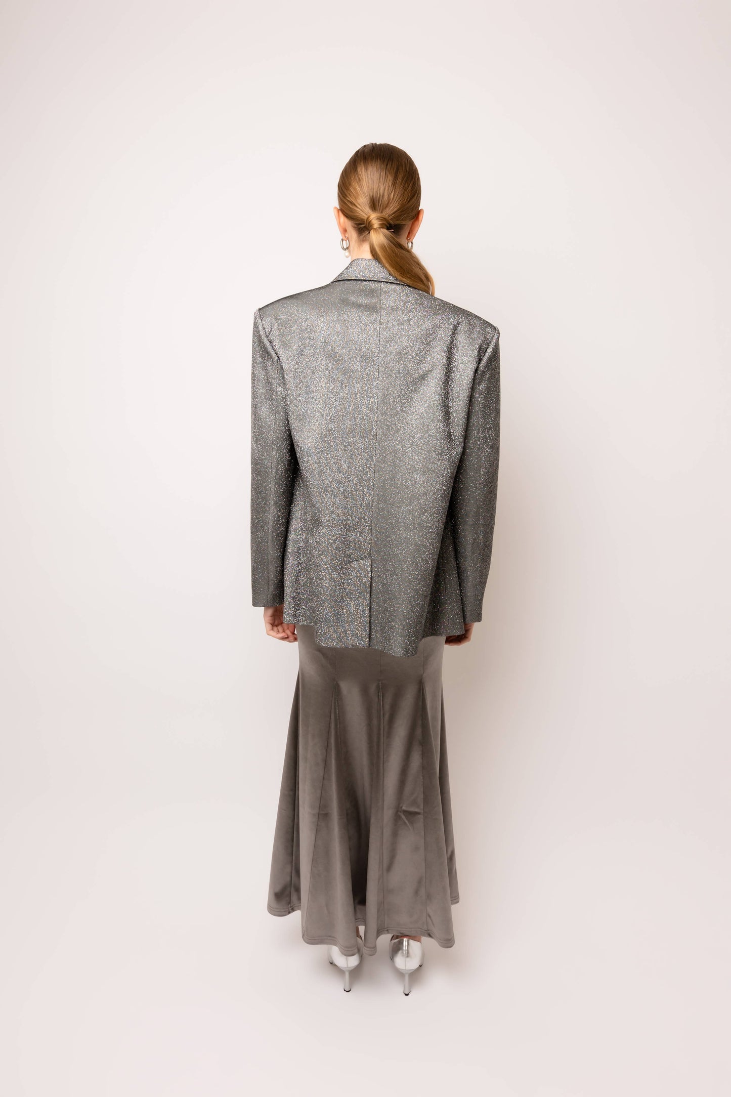 Ezra Glitter Oversized Blazer: Silver / M
