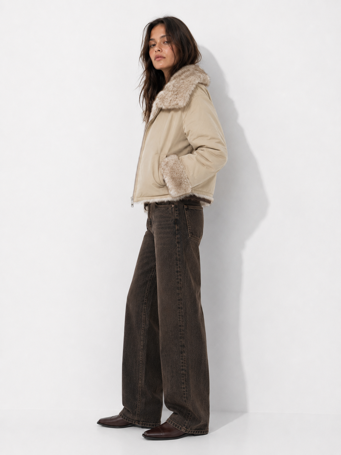 Dumbo Reversible Faux Fur & Leather Bomber Jacket Fur Jacket: Beige/Gray / L/XL