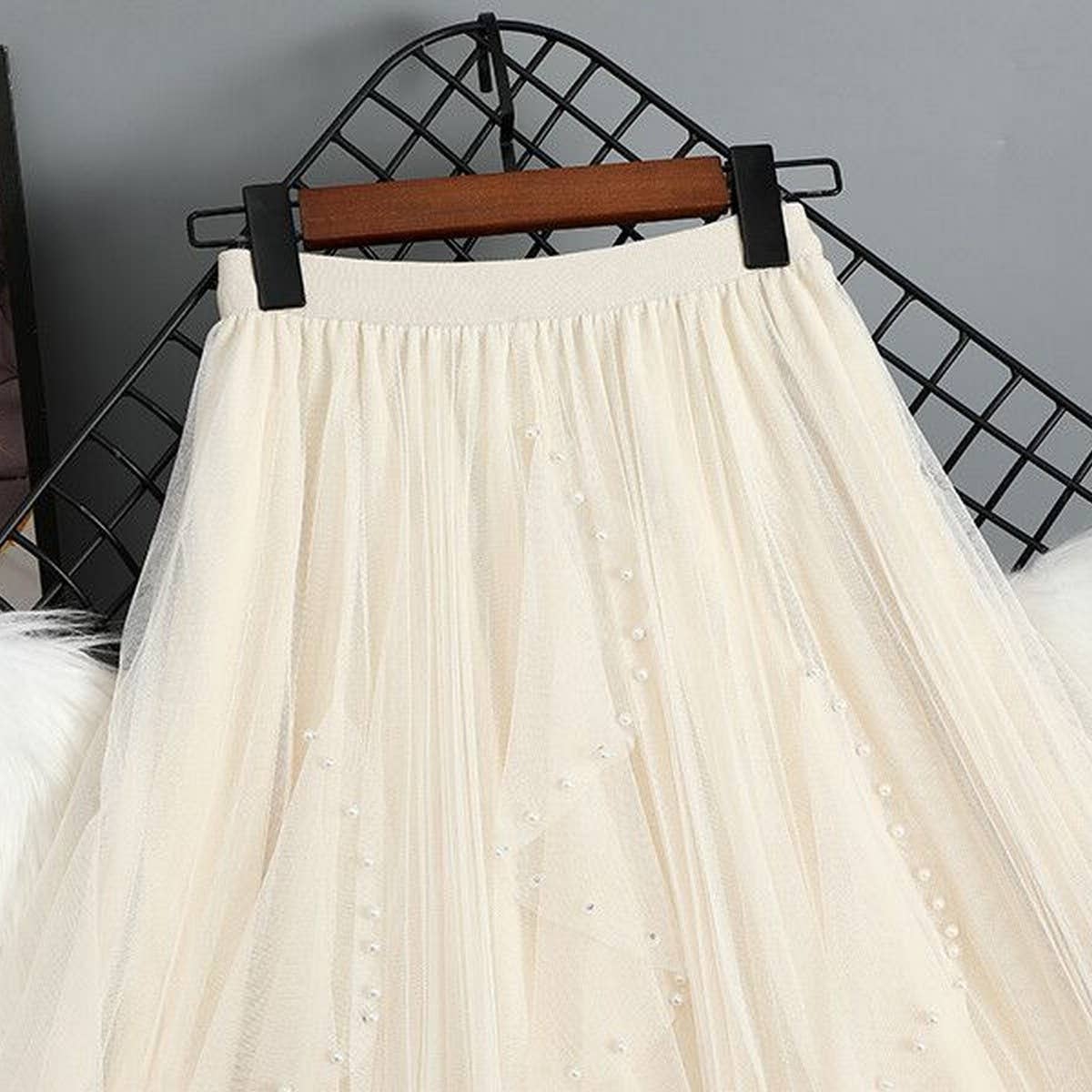 BEADED MESH PLEATED SKIRT A LINE TULLE SKIRT_CWBLS0398: GREY / (OS) 1