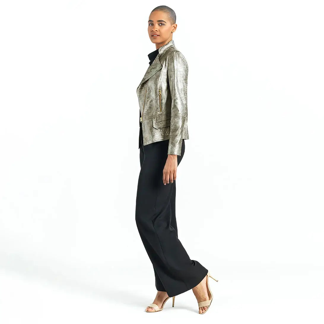 JK75P - Liquid Leather ™ Textured Biker Jacket - Croc Print: OLIVE / S