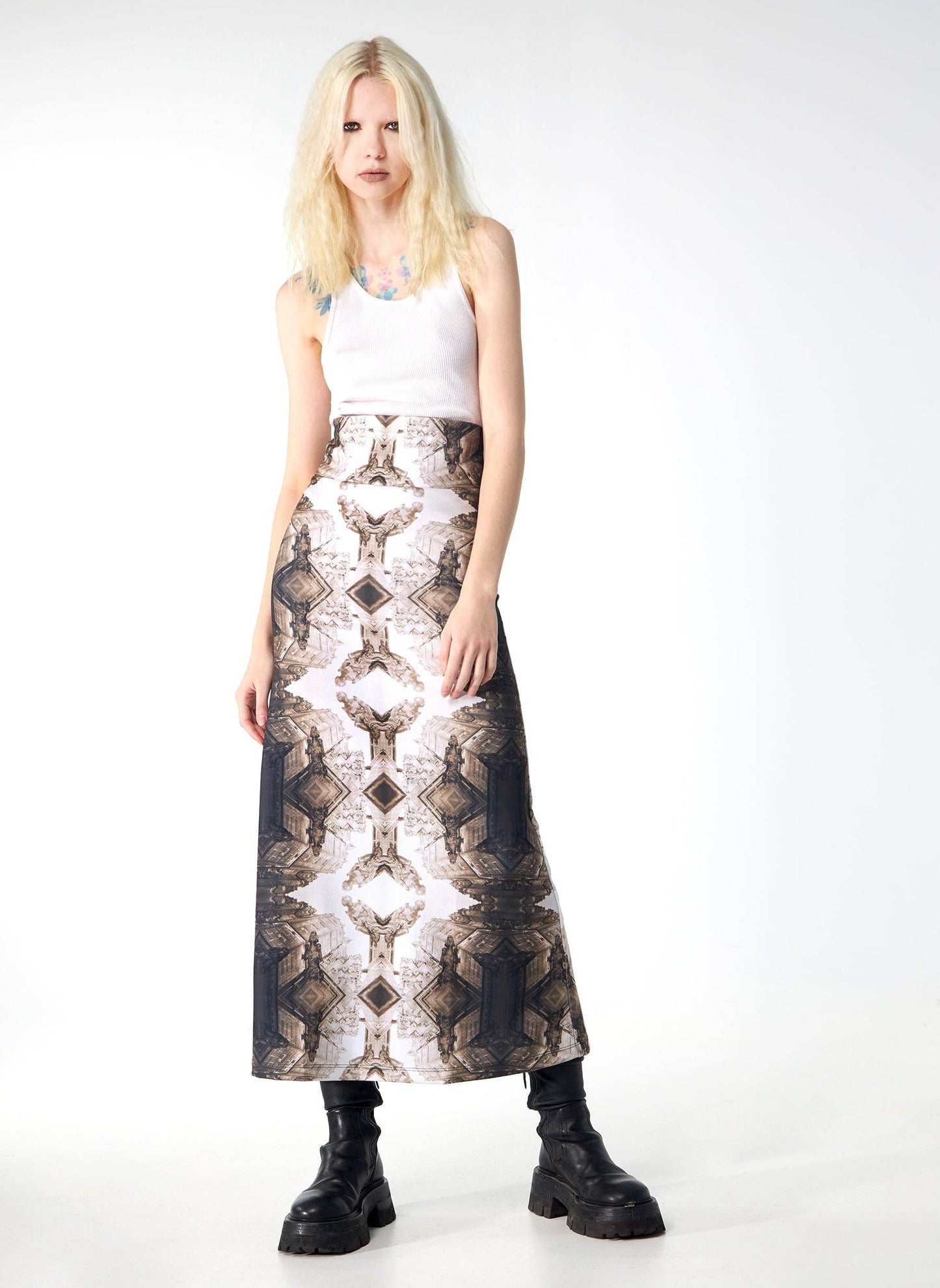 Babs Body-hugging Midi Skirt - Sepia Gargoyles Print Design: Sepia / X-Small / Gargoyles